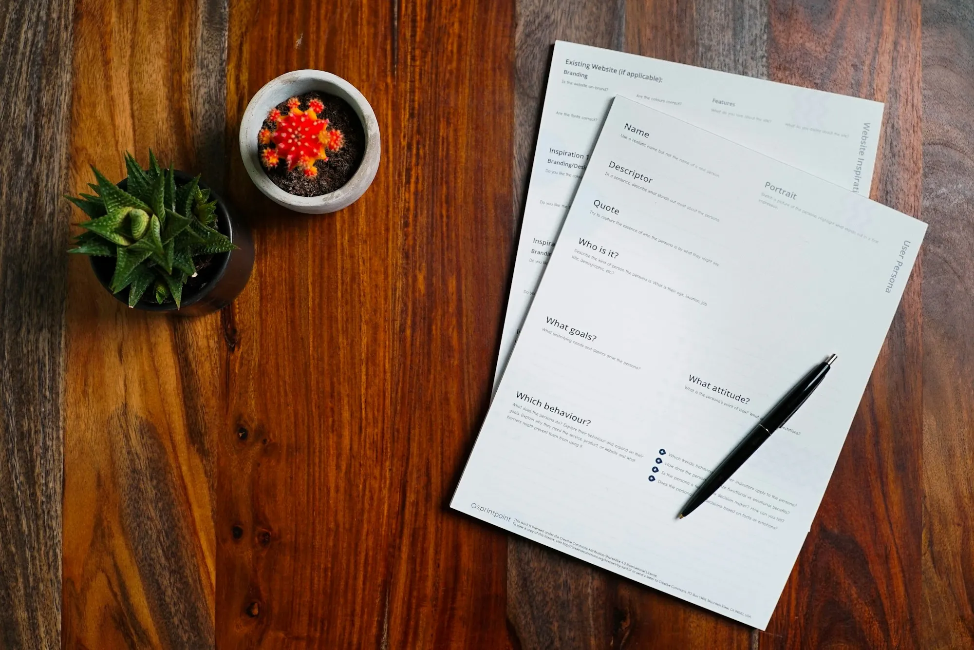 Papers and a pen on a wooden desk with a plant
