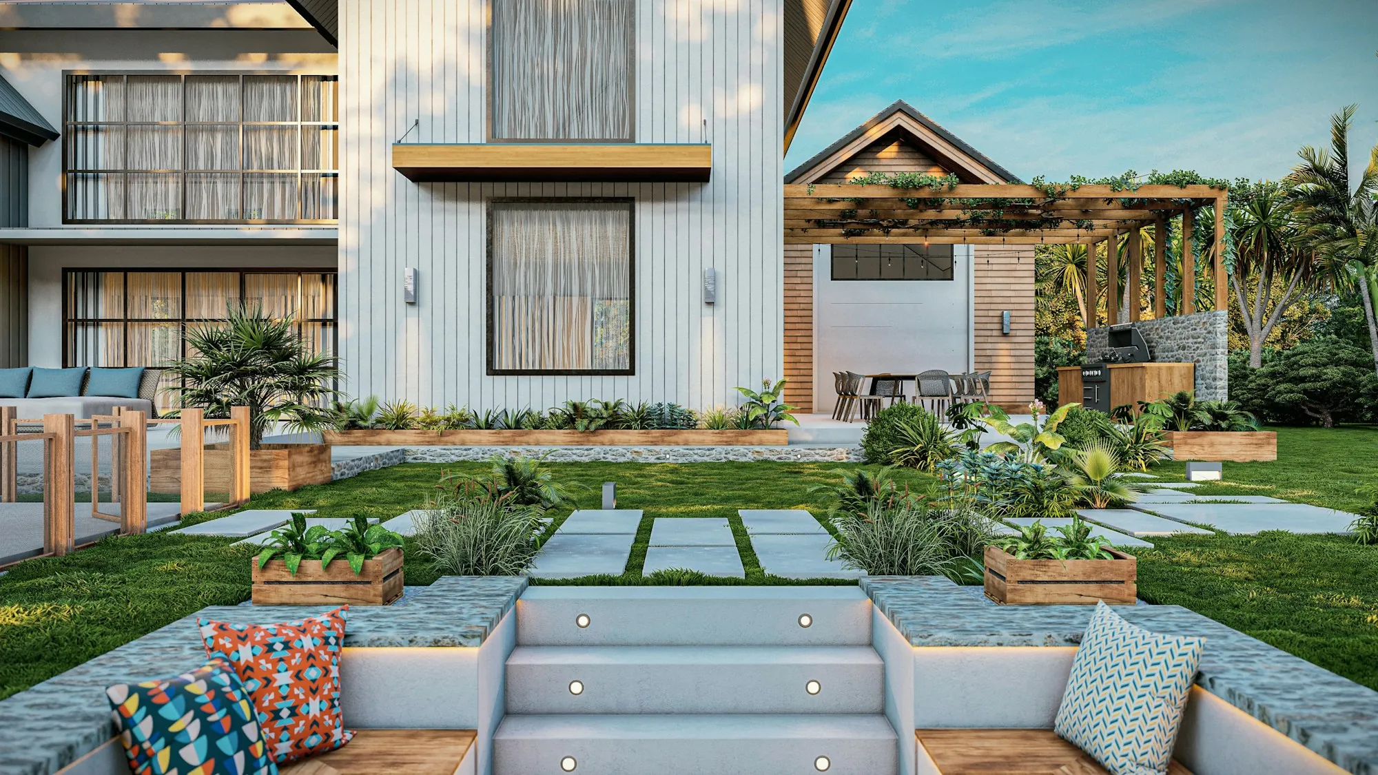 Modern home entry with a wide stone walkway and garden beds